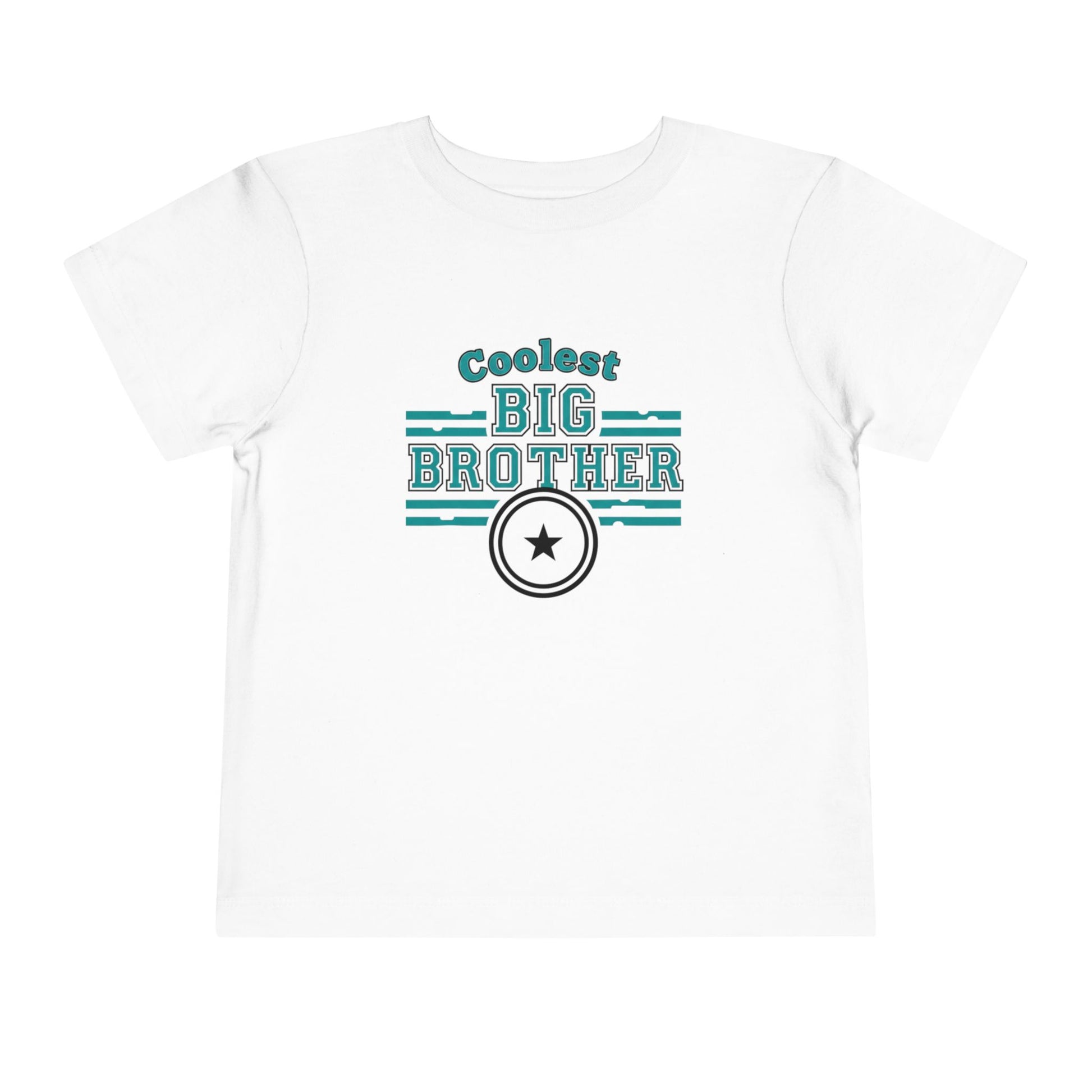 White t-shirt with 'Coolest Big Brother' text and star design on a white background