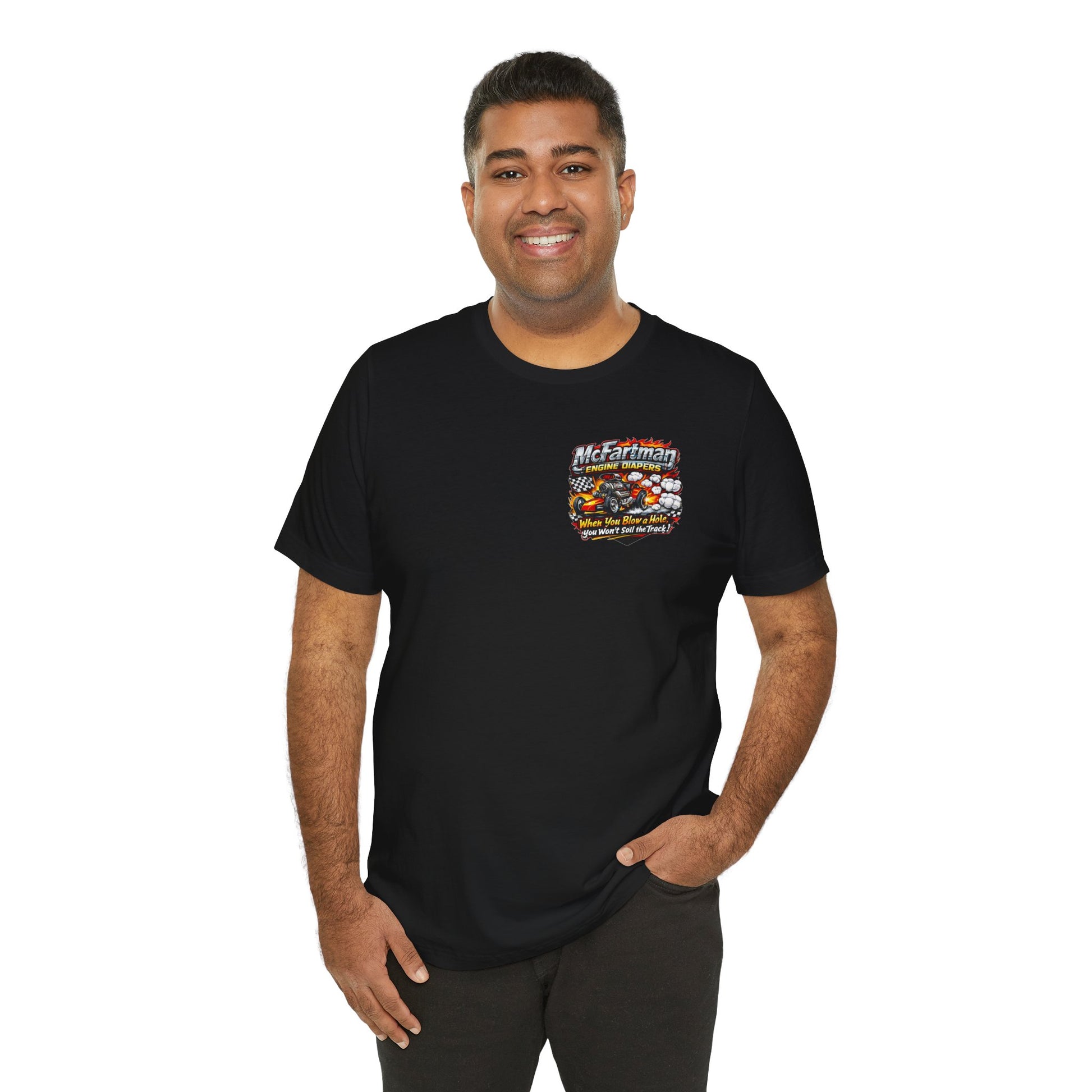 Man wearing a black t-shirt with a 'McFartman Engine Diapers' logo on a white background