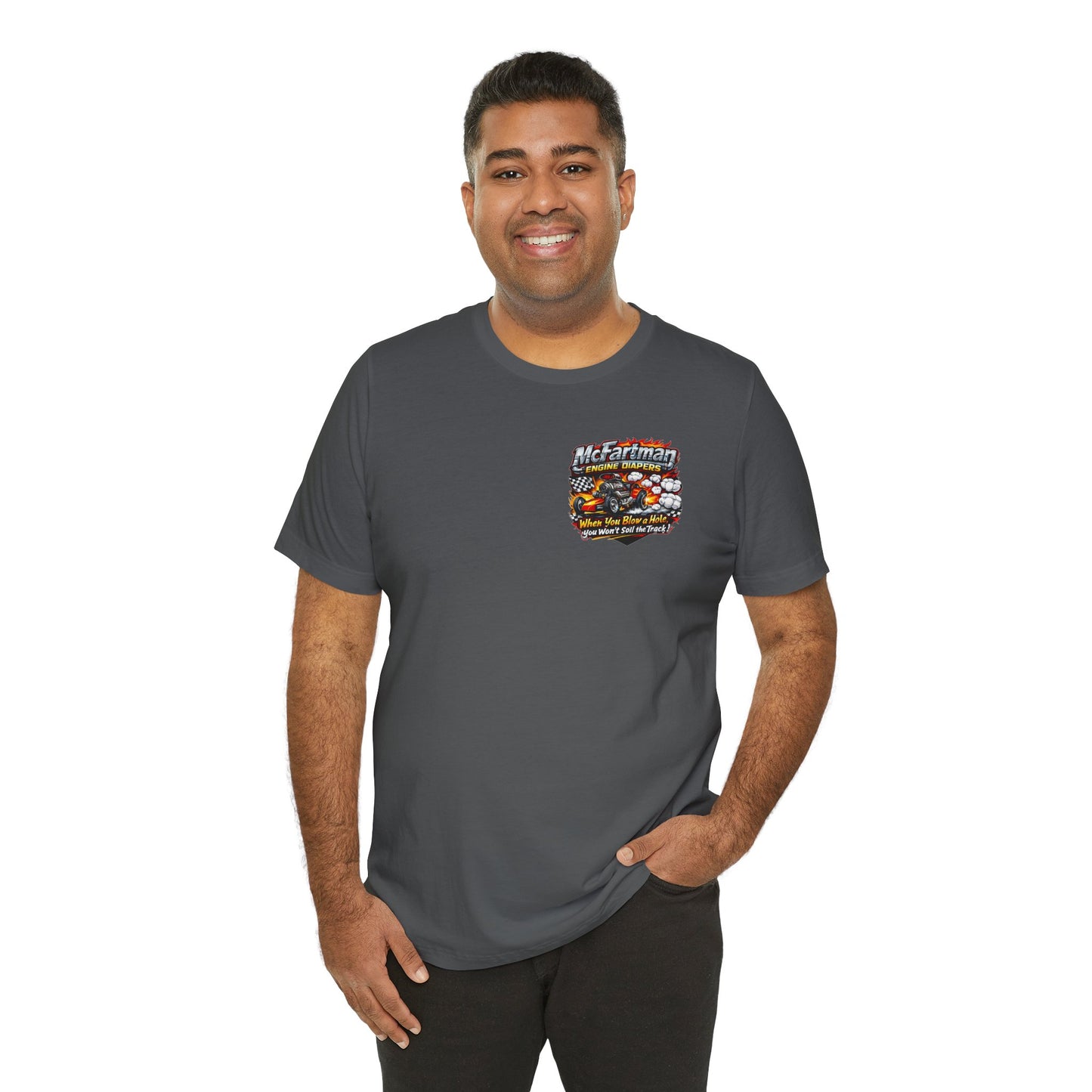 Man wearing a gray t-shirt with a 'McFartman Engine Diapers' logo on a white background