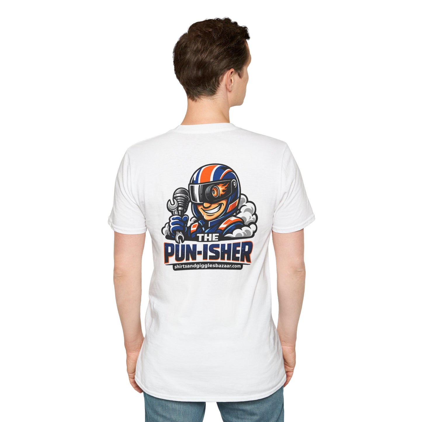 Person wearing a white t-shirt with a graphic design on the back, featuring a character in a helmet and 'The Pun-isher' text.