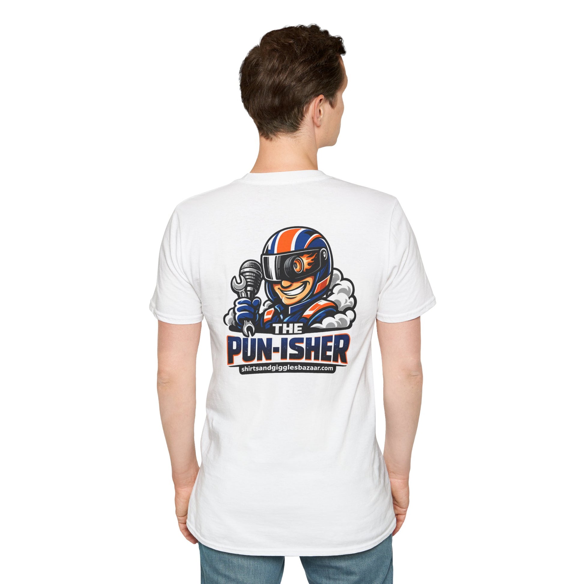 Person wearing a white t-shirt with a graphic design on the back, featuring a character in a helmet and 'The Pun-isher' text.