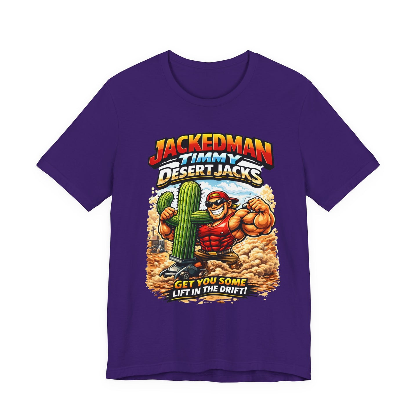 Purple t-shirt with a graphic of a muscular character and cactus, featuring the text 'Jackedman Timmy Desert Jacks'.