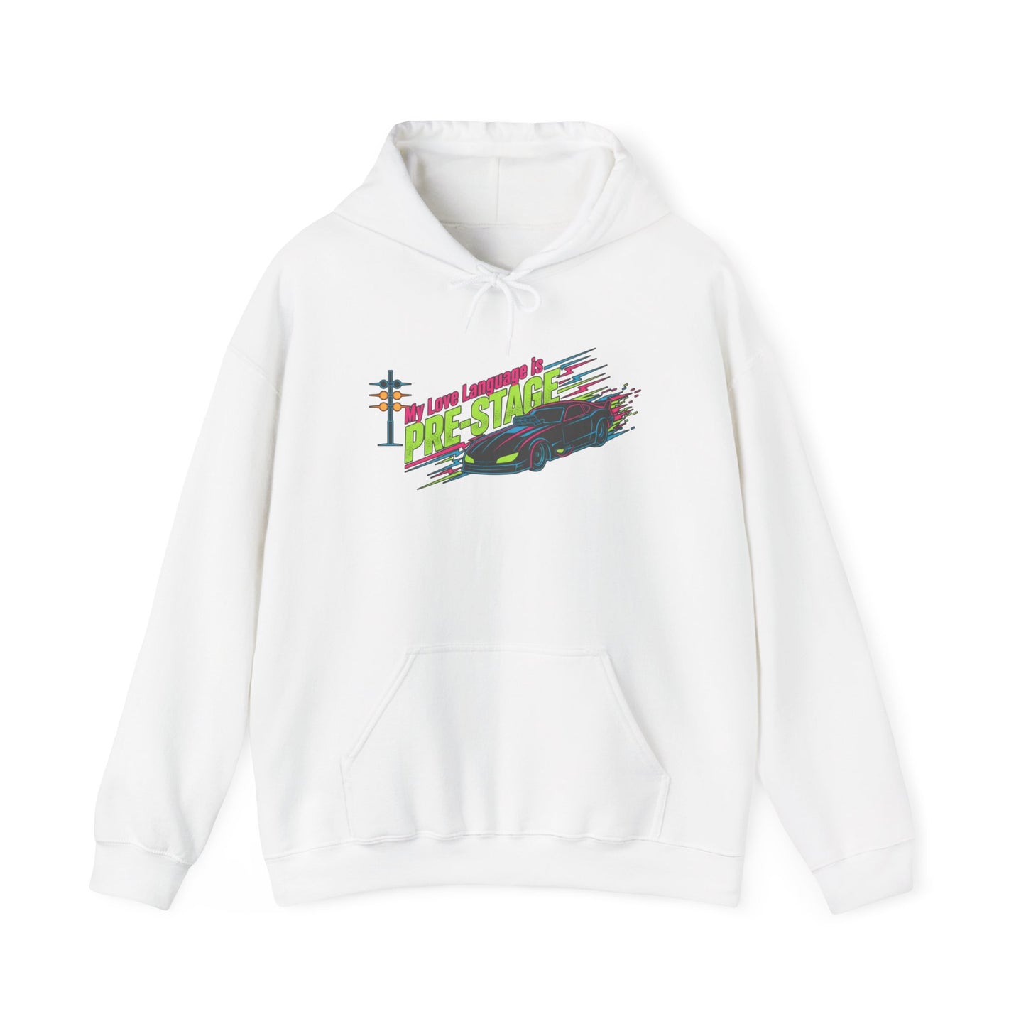 White hoodie with colorful graphic design and text 'My Love Language is Pre-Stage' on a white background