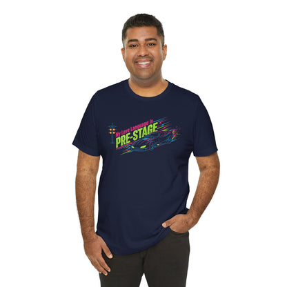 Man wearing a navy blue t-shirt with colorful text 'My Love Language is Pre-Stage' and graphics on a white background