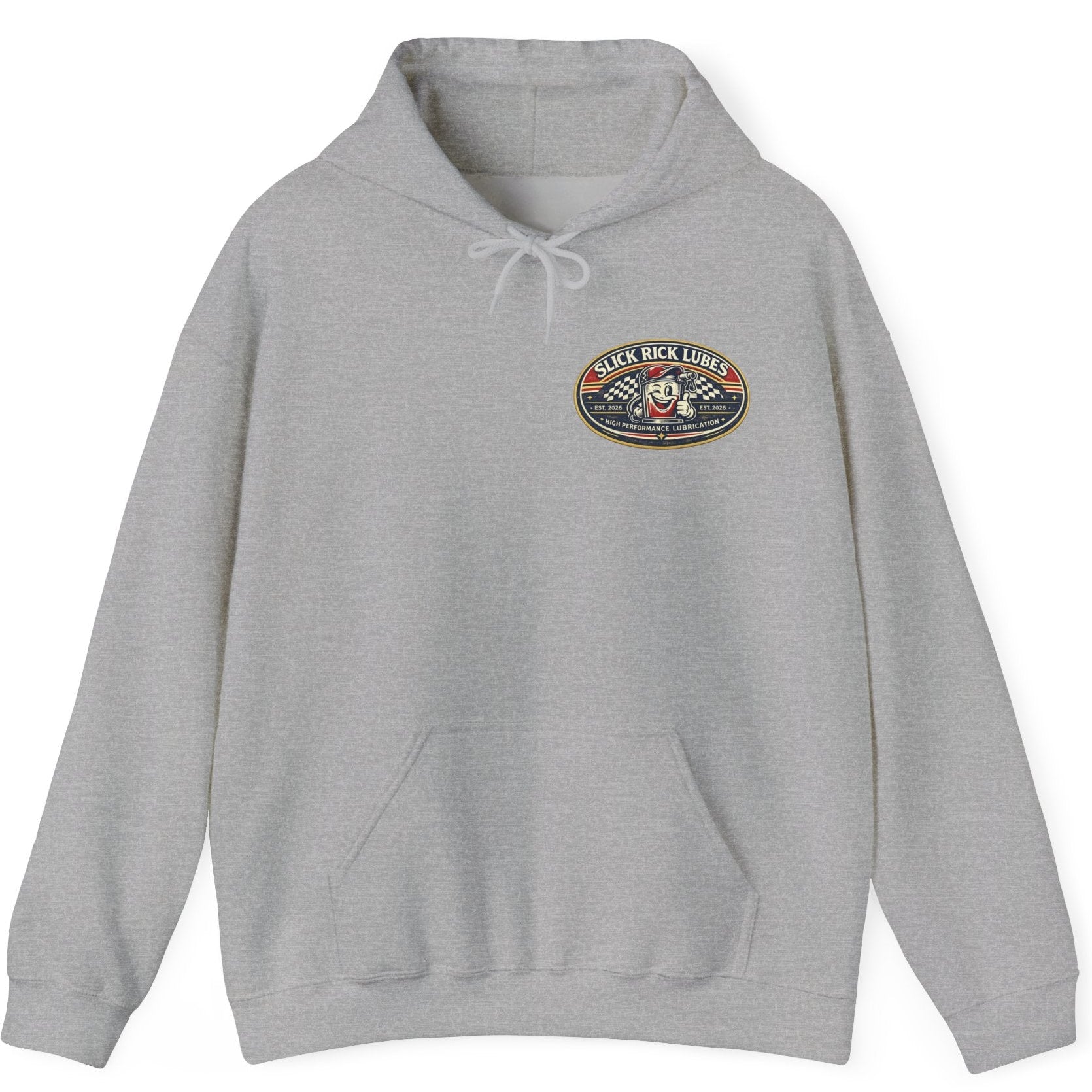 Gray hoodie with a 'Slick Rick Lubes' logo on the chest against a white background