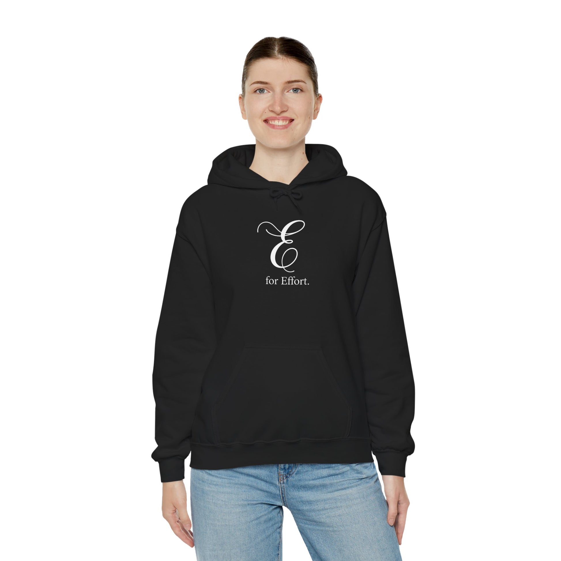 Person wearing a black hoodie with a logo and text 'E for Effort' on a white background