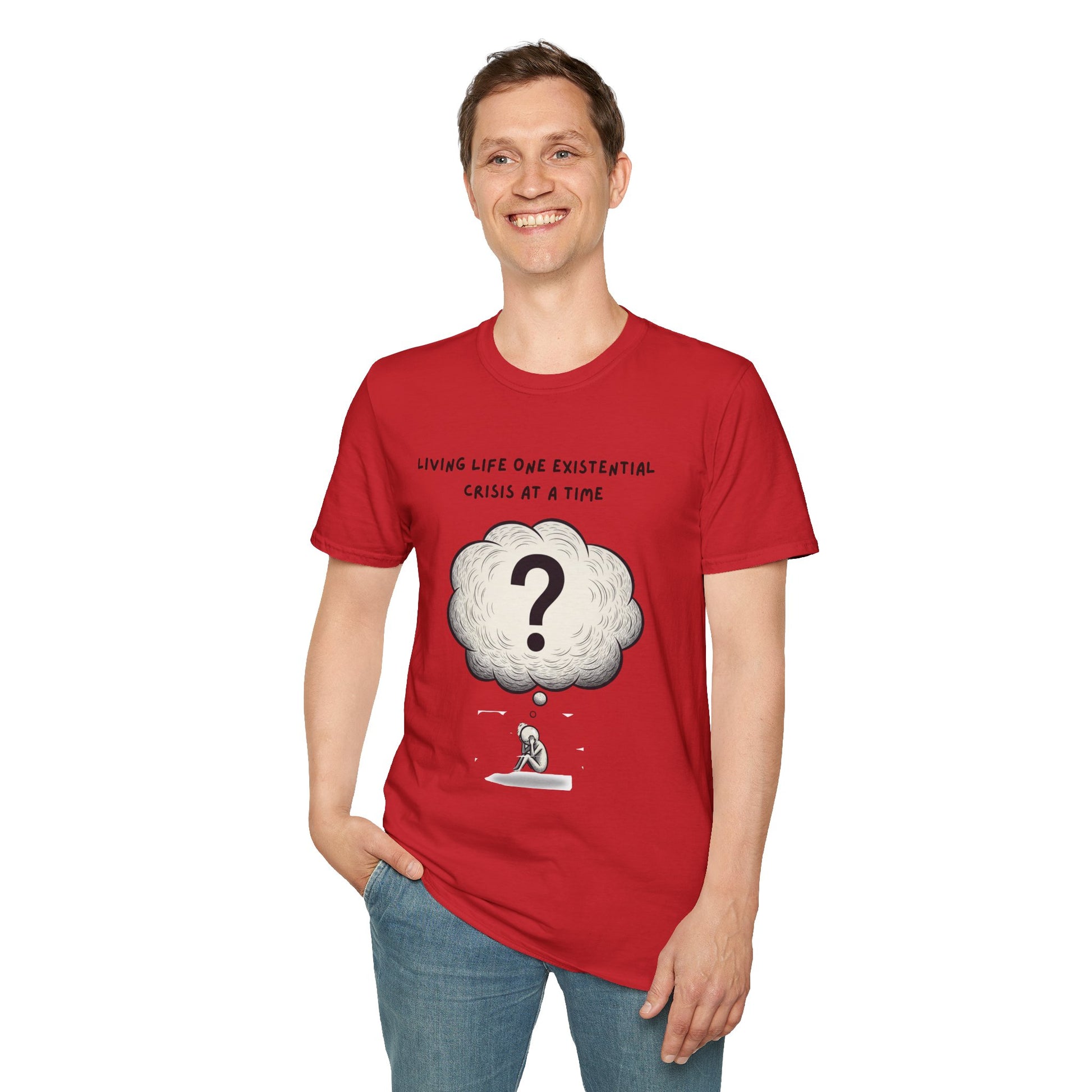 Person wearing a red t-shirt with a graphic and text 'Living Life One Existential Crisis At A Time' on a white background