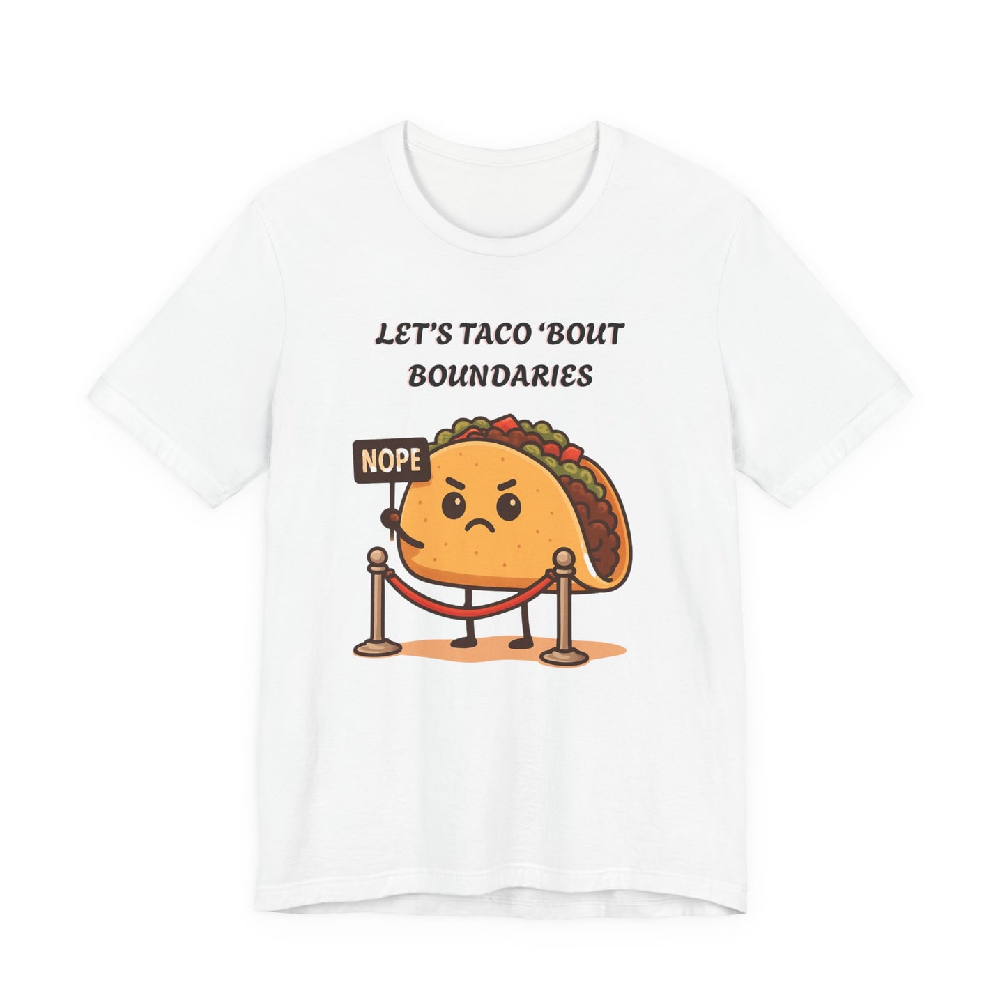White t-shirt with a cartoon taco character and text 'Let's taco 'bout boundaries', on a white background