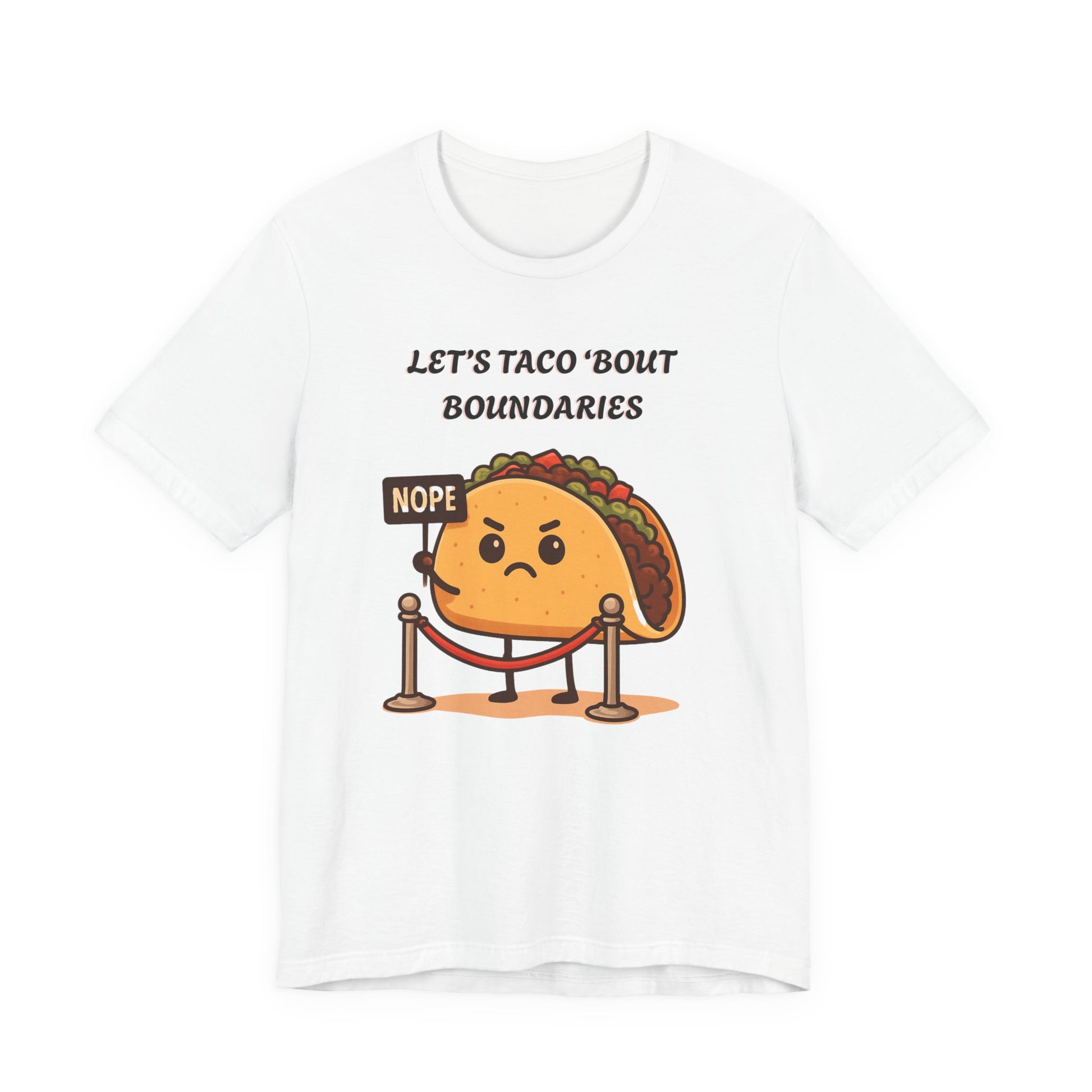 White t-shirt with a cartoon taco character and text 'Let's taco 'bout boundaries', on a white background