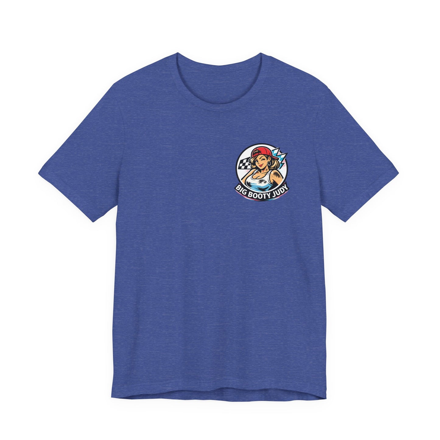 Blue t-shirt with a circular logo featuring a woman and 'Big Booty Judy' text on a white background