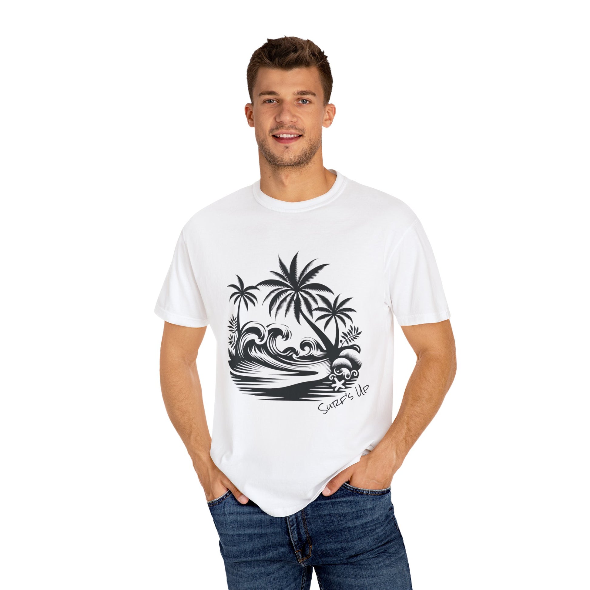 Man wearing a white t-shirt with a black palm tree and wave design on a white background