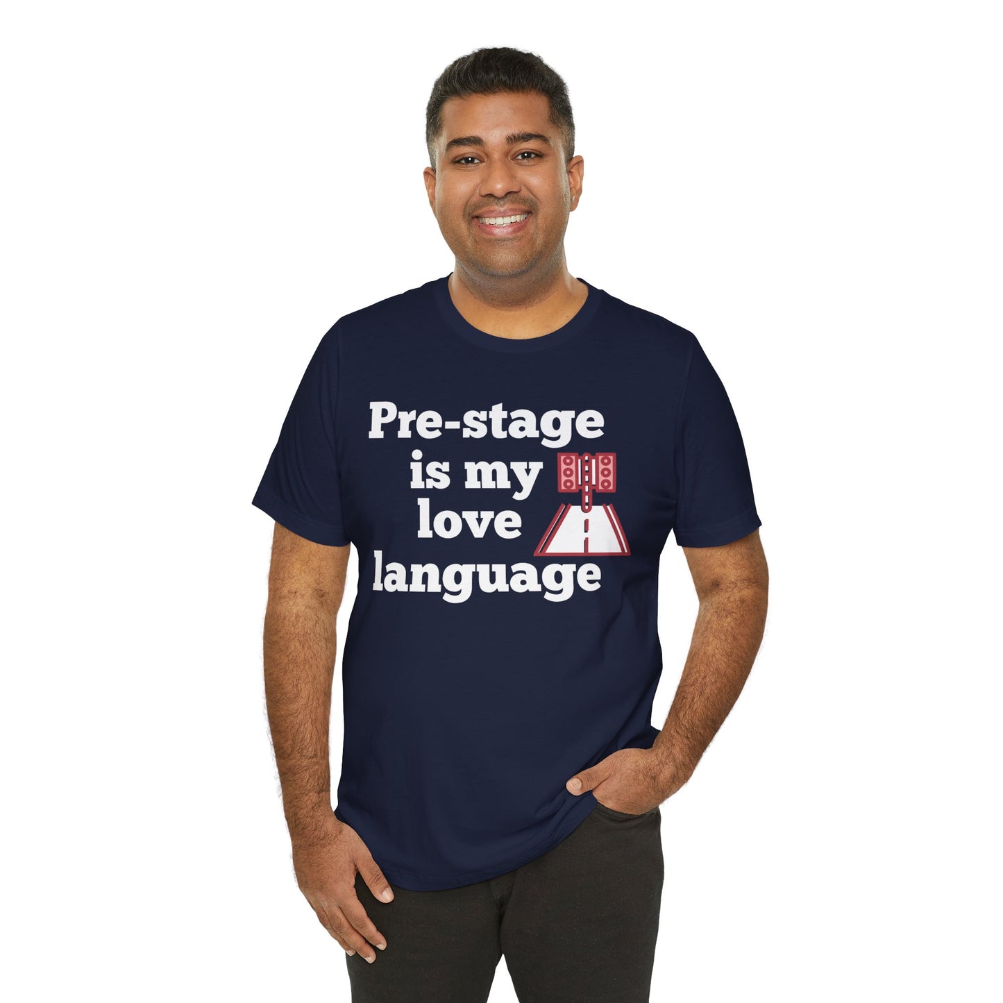 Man wearing a navy blue t-shirt with text 'Snooze button is my love language' and graphic design on a white background