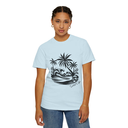 Person wearing a light blue t-shirt with a black graphic design on a white background