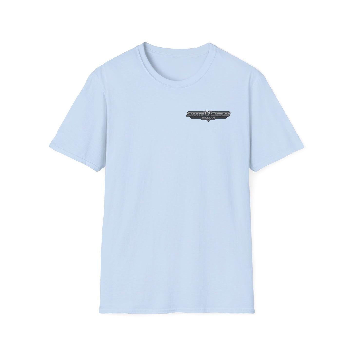 Light blue t-shirt with a small 'Shirts and Giggles Bazaar' logo on a white background