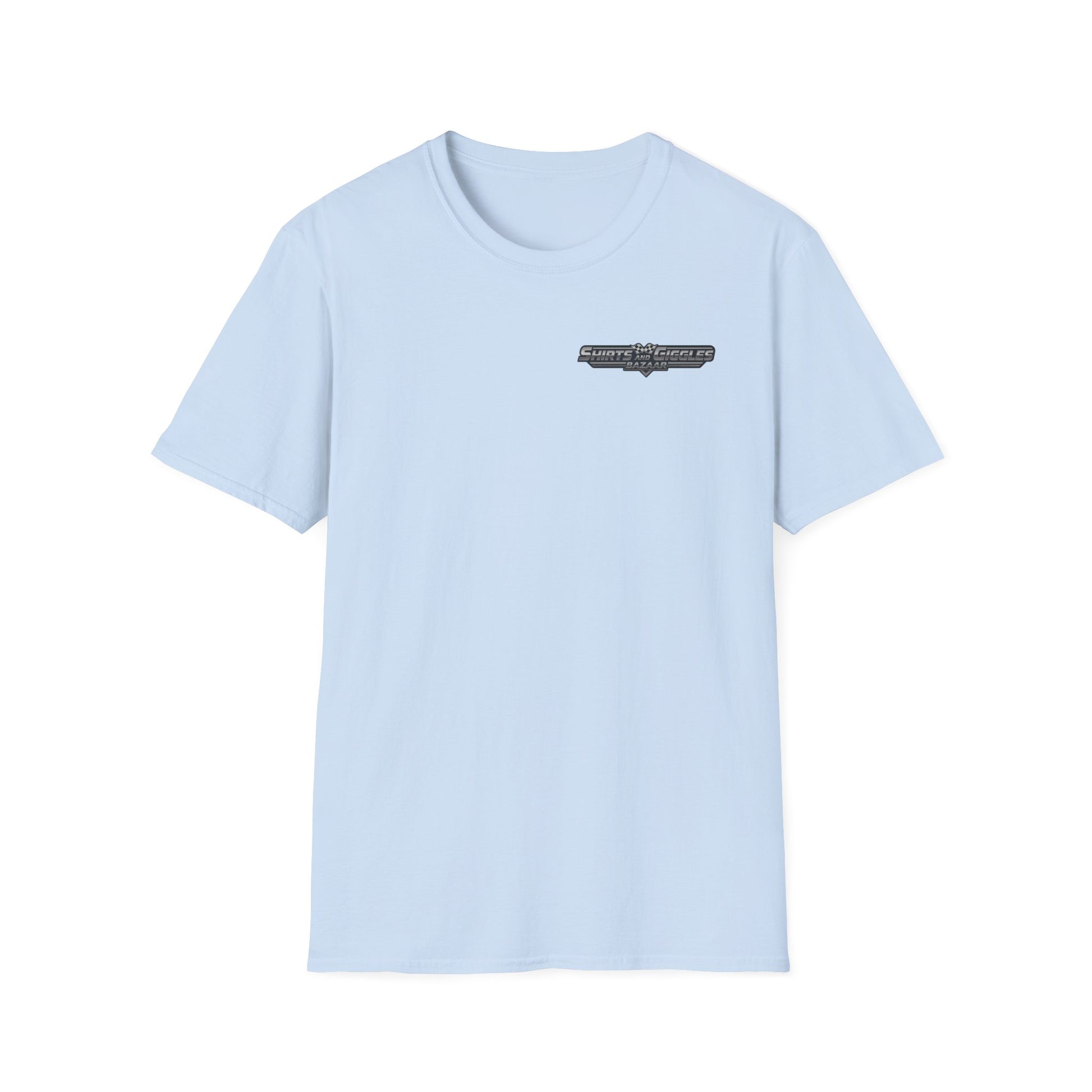 Light blue t-shirt with a small 'Shirts and Giggles Bazaar' logo on a white background