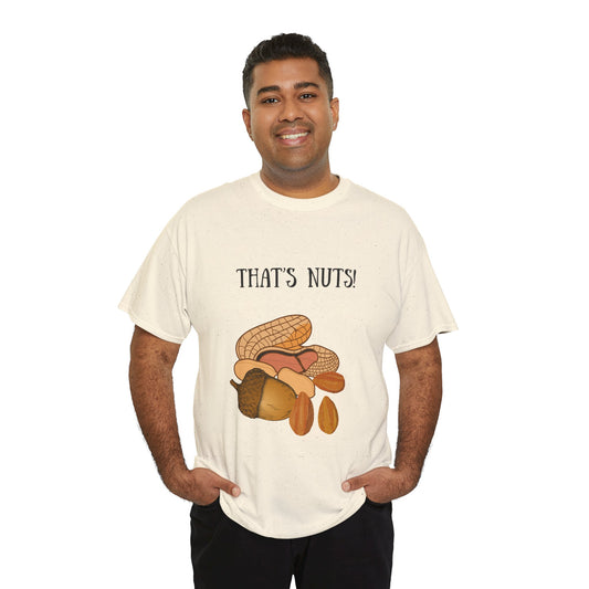 Man wearing a white t-shirt with a graphic design and text 'THAT'S NUTS!' on a white background