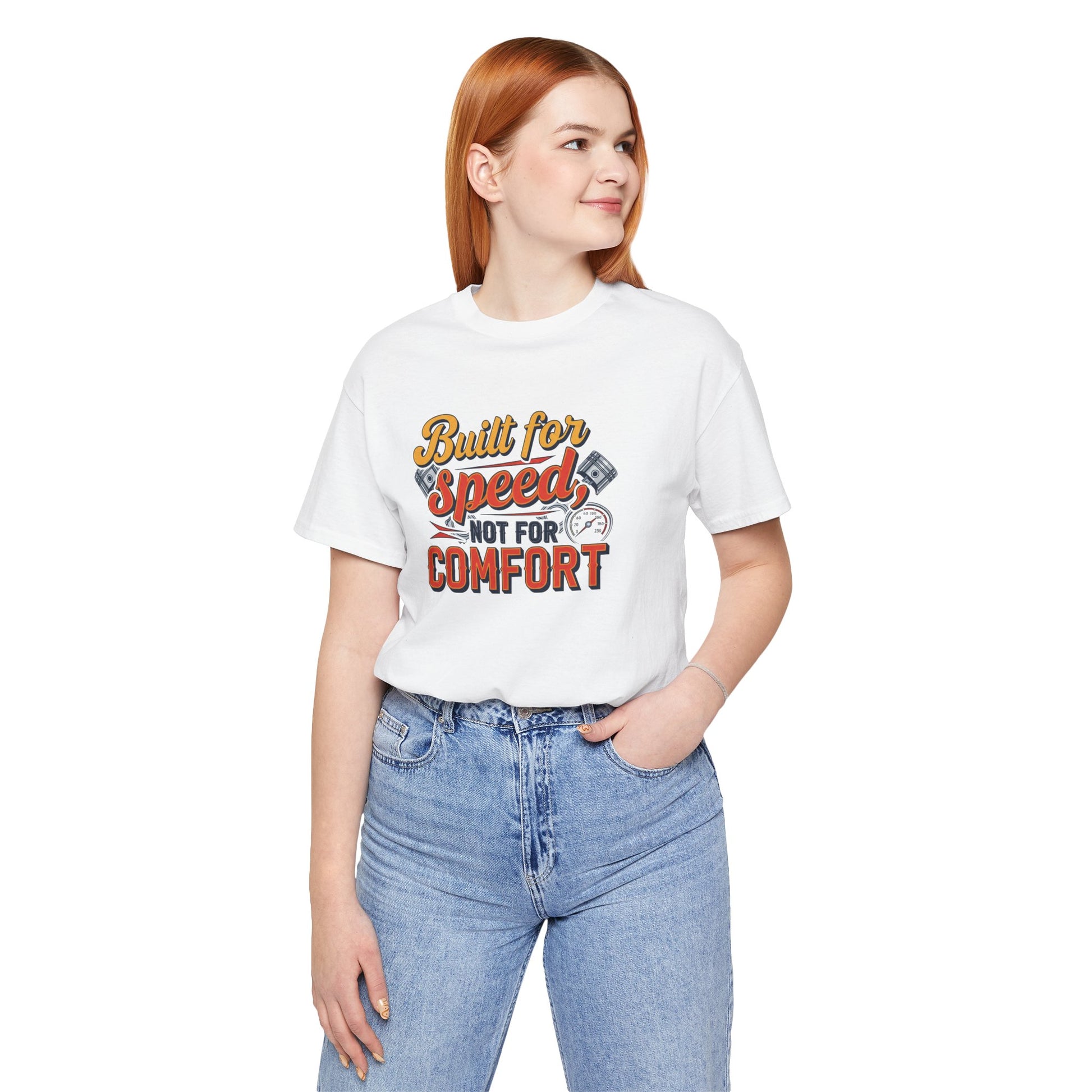 Person wearing a white t-shirt with text and jeans on a white background
