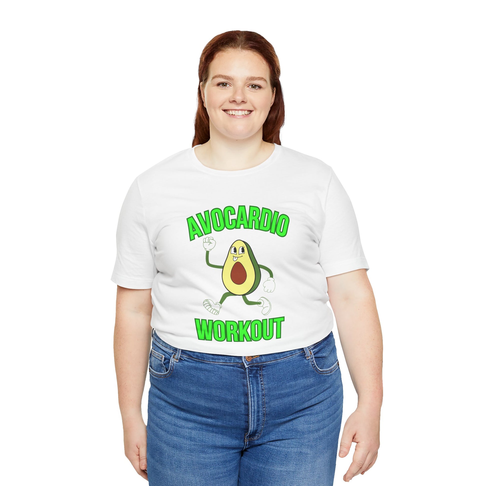 Person wearing a white t-shirt with an avocado graphic and text 'Avocardio workout' on a white background