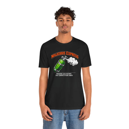 Person wearing a black t-shirt with a graphic design and 'Malicious Express Passing Gas Blows The Competition Away' text on a white background