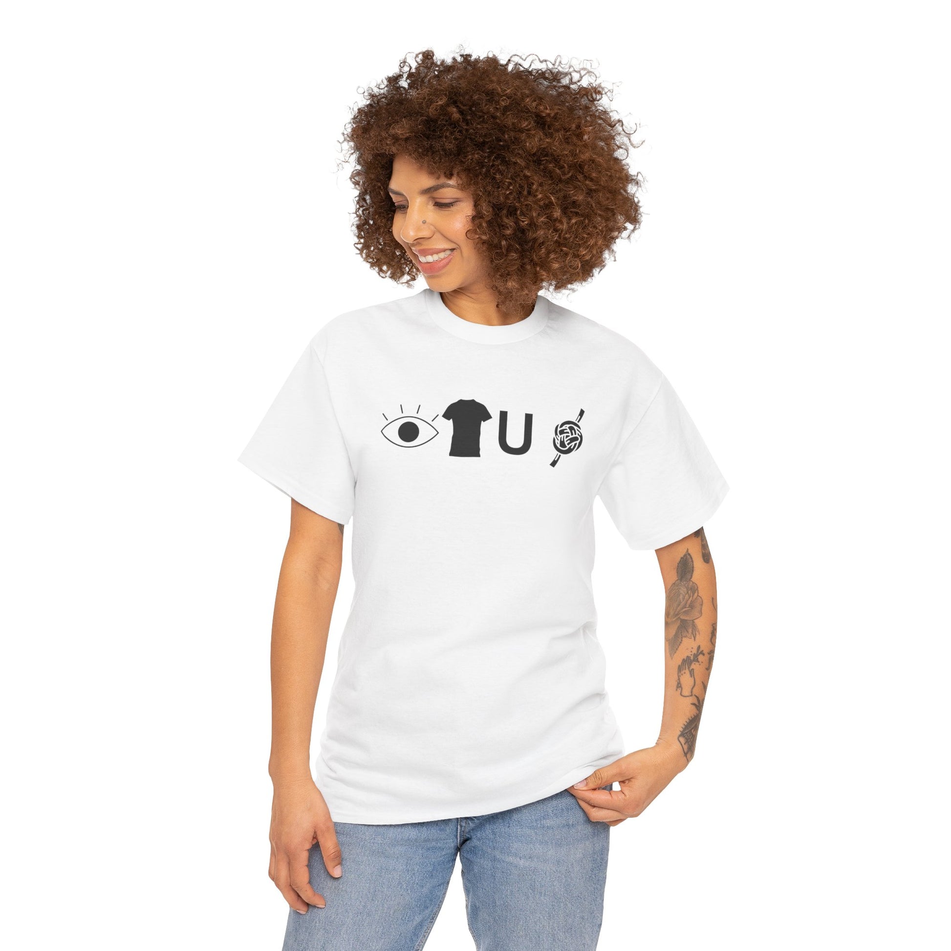 Woman wearing a white t-shirt with black graphics on a white background