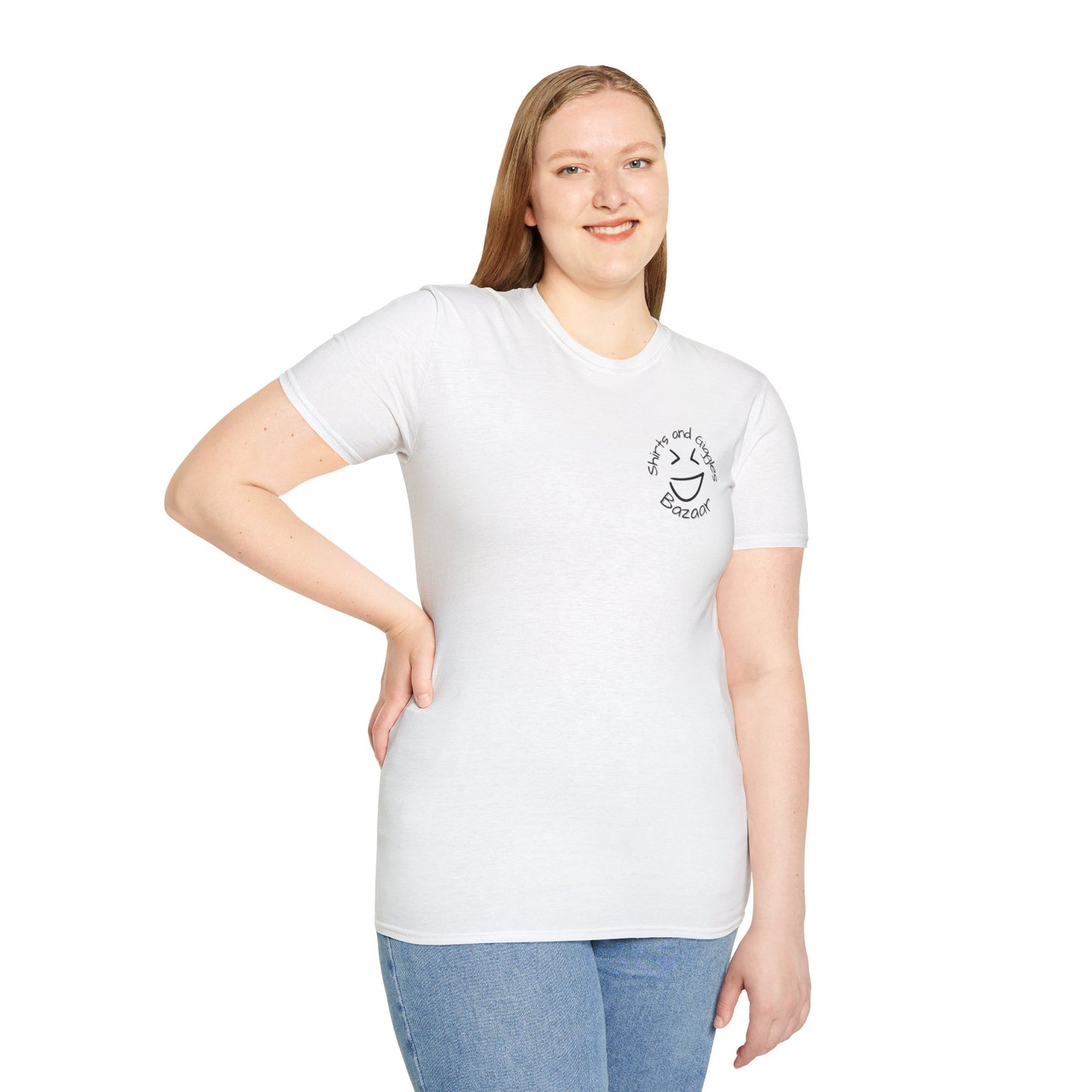 Person wearing a white t-shirt with 'Shirts and Giggles Bazaar' logo