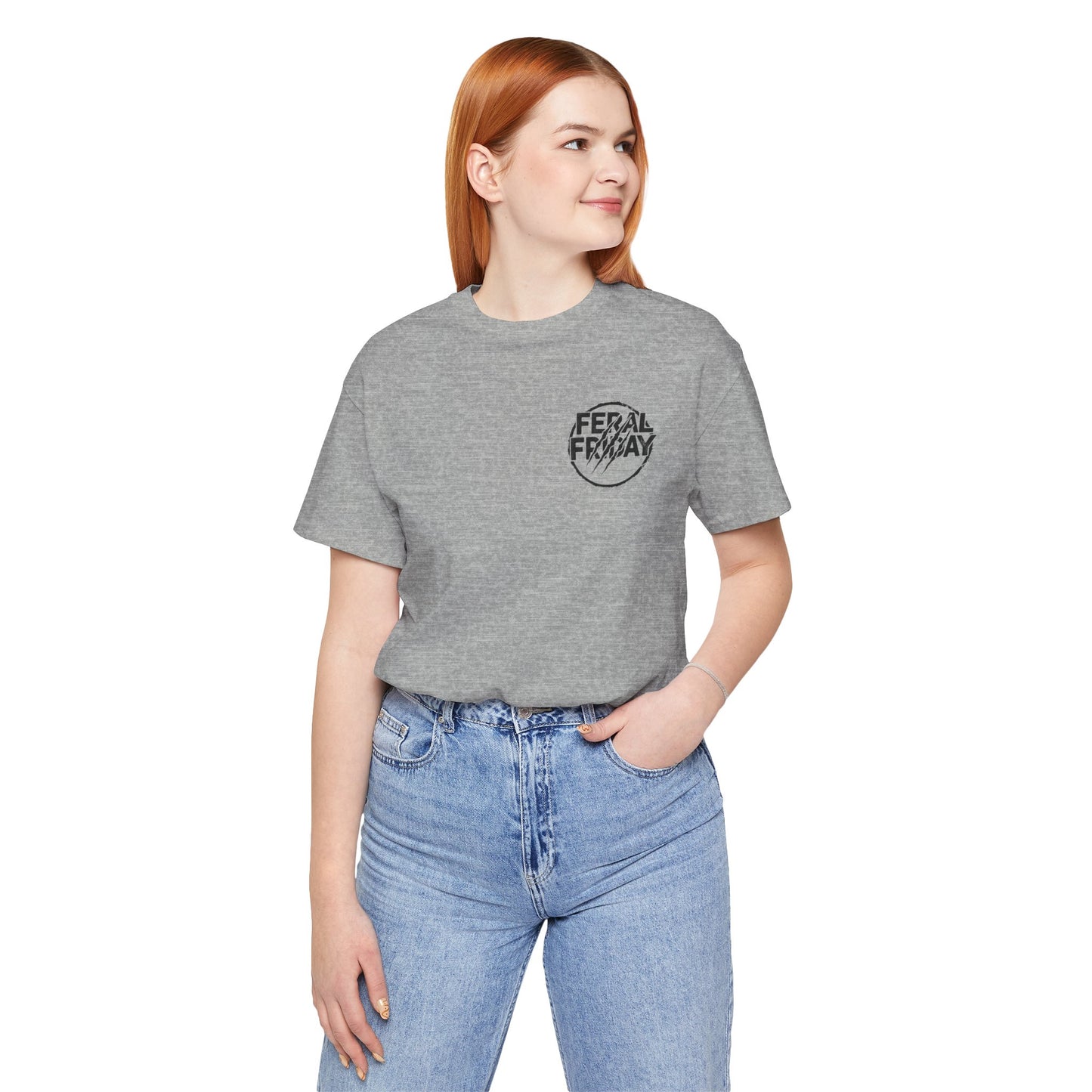 Person wearing a gray t-shirt with a  'Feral Friday' logo and blue jeans on a white background