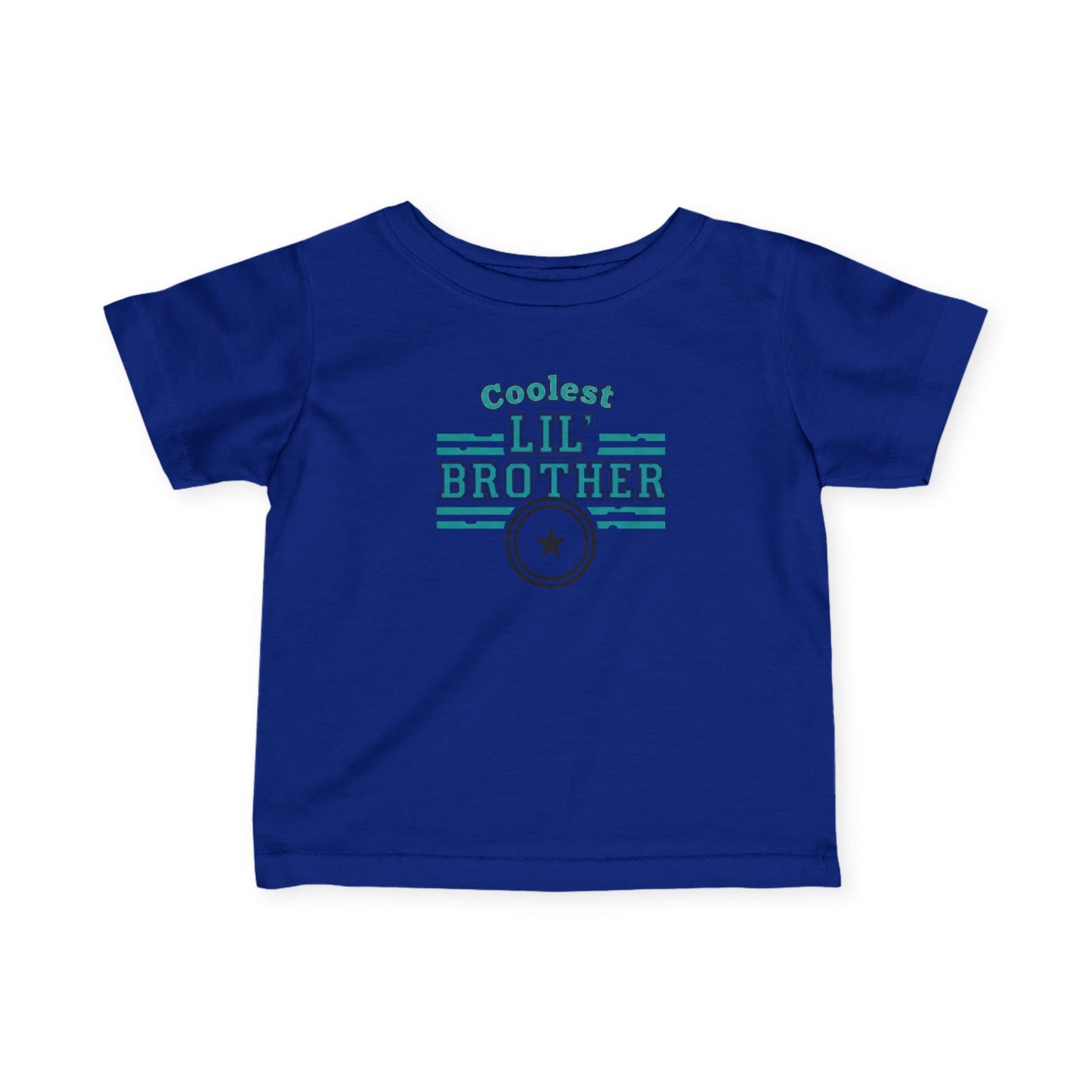 Blue t-shirt with 'Coolest Lil' Brother' text on a white background