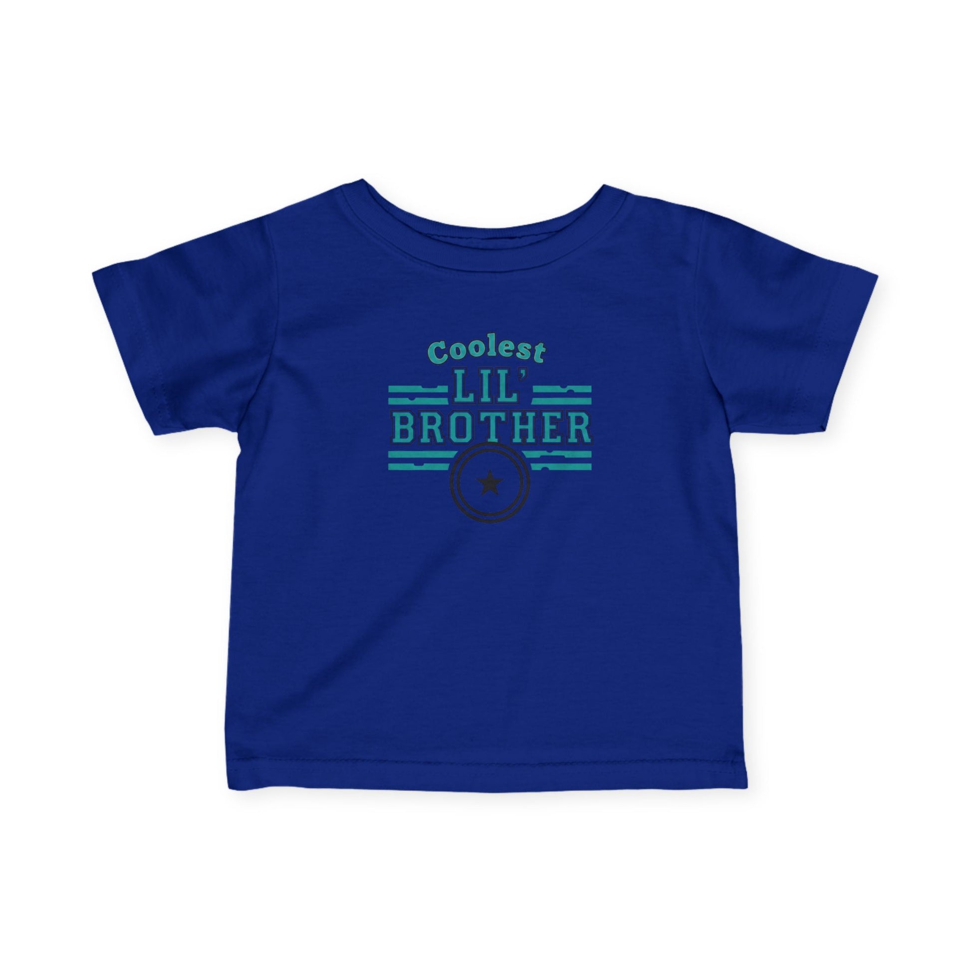 Blue t-shirt with 'Coolest Lil' Brother' text on a white background