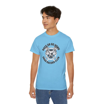 Person wearing a light blue t-shirt with a graphic design and text 'RACE OR GO HOME DRAG RACERS CLUB' on a white background