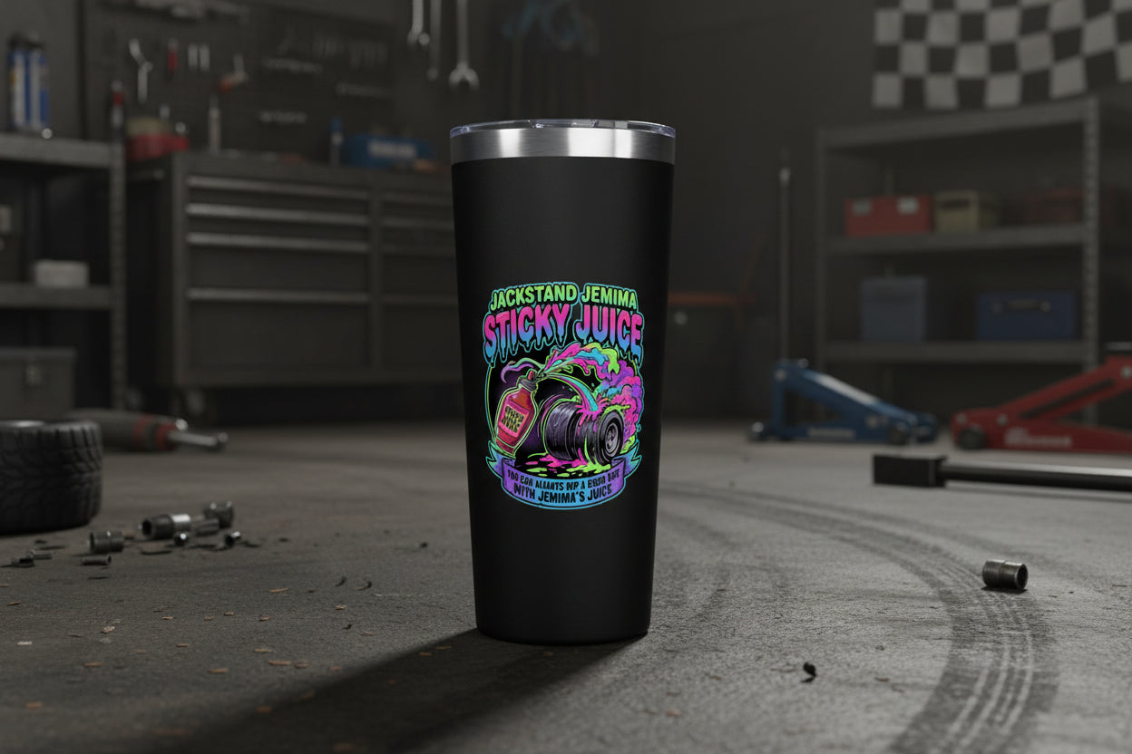 Black 22 oz tumbler with a colorful burnout graphic showing a racing tire smoking beside a bottle labeled ‘Sticky Juice,’ with the text ‘Jackstand Jemima Sticky Juice’ above it.