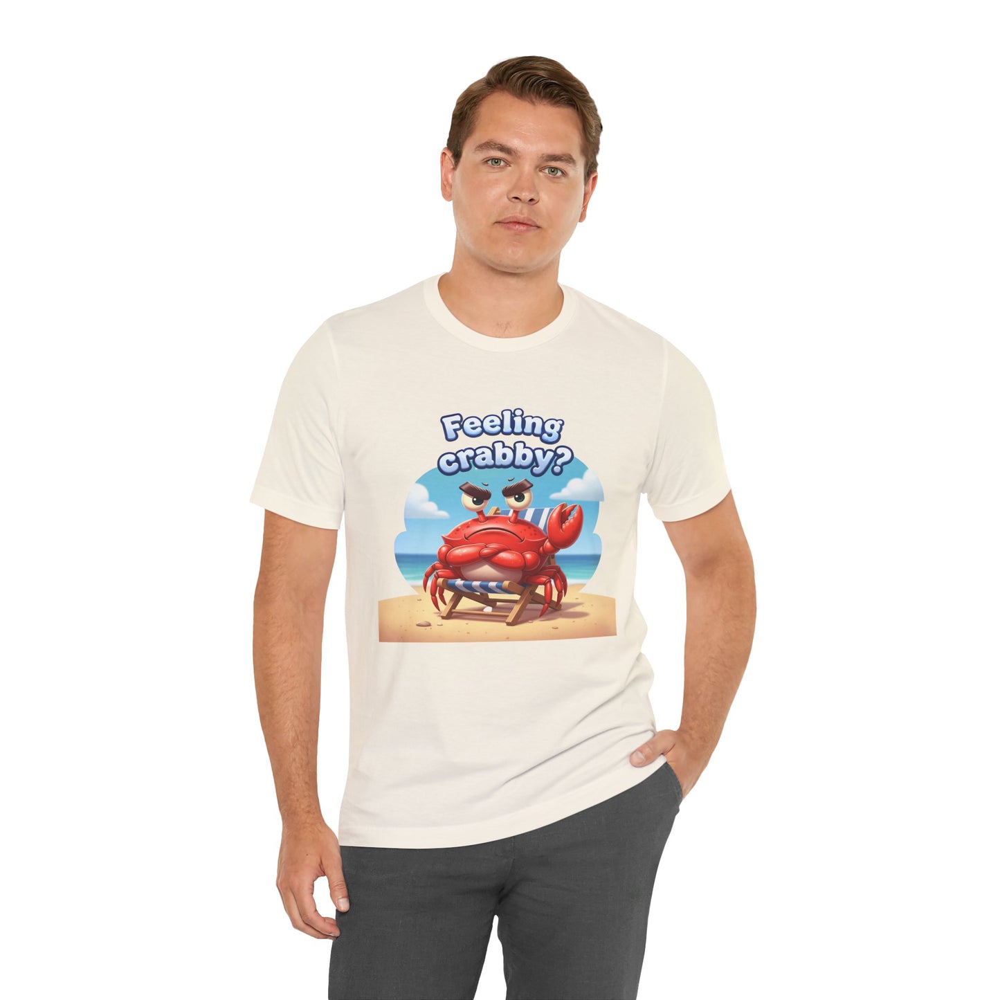 Man wearing a t-shirt with a cartoon crab and text 'Feeling crabby?' on a white background