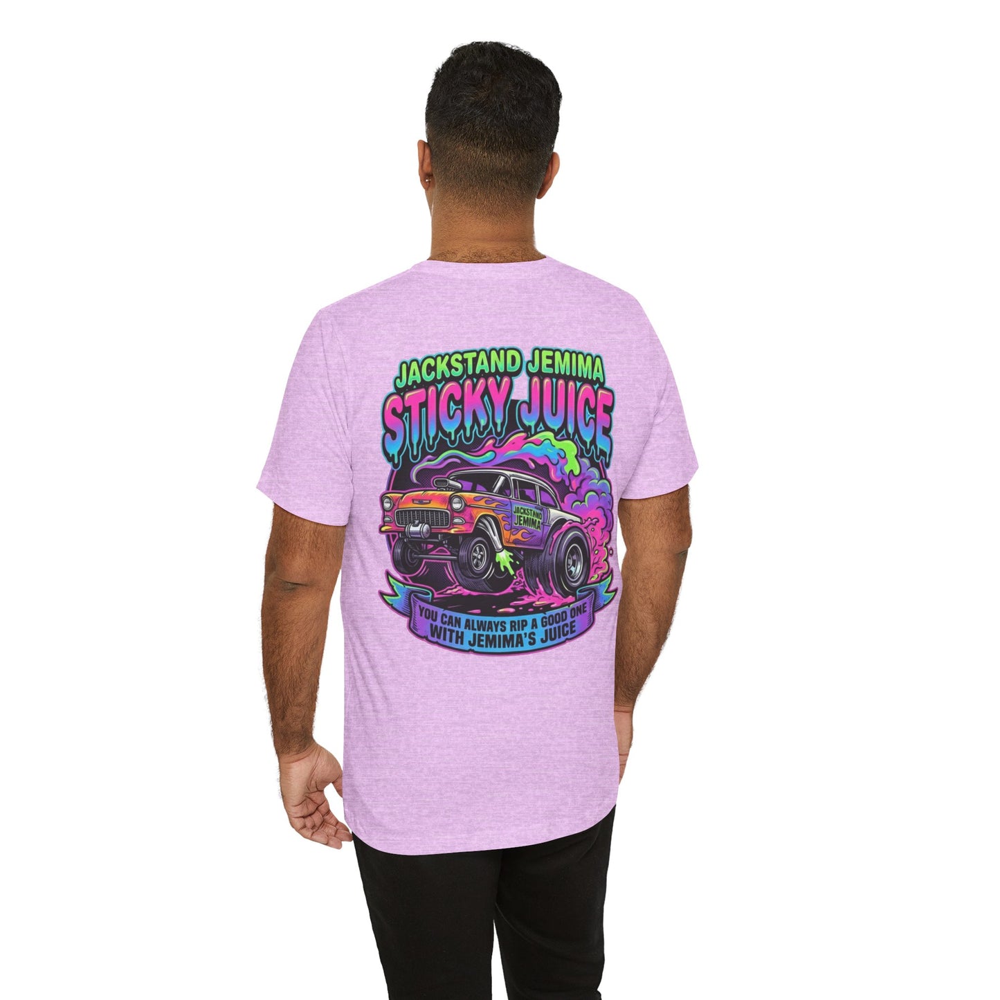 Person wearing a pink t-shirt with a colorful graphic and 'Jackedstand Jemima Sticky Juice You Can Always Rip A Good One With Jemima's Juice' text on the back.