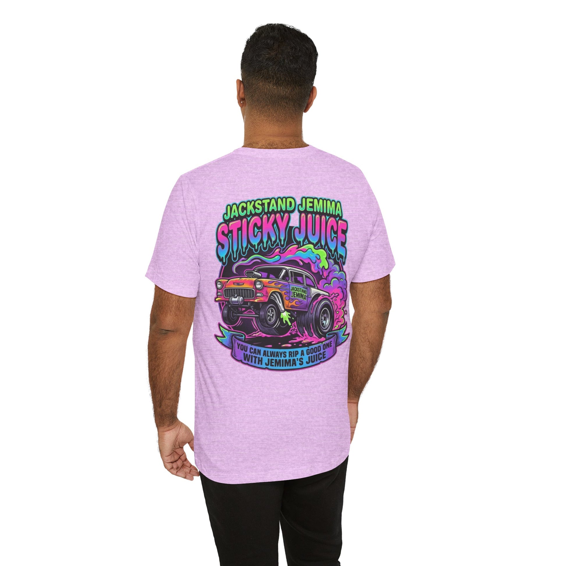 Person wearing a pink t-shirt with a colorful graphic and 'Jackedstand Jemima Sticky Juice You Can Always Rip A Good One With Jemima's Juice' text on the back.