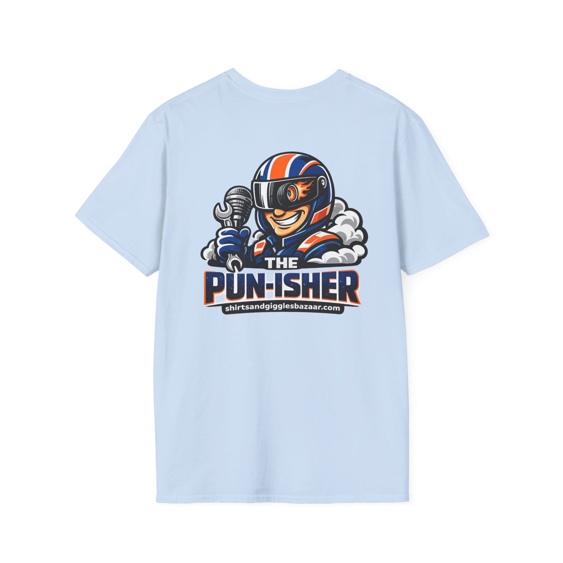 Light blue t-shirt with a graphic design on the back featuring a character and text 'The Pun-isher'.