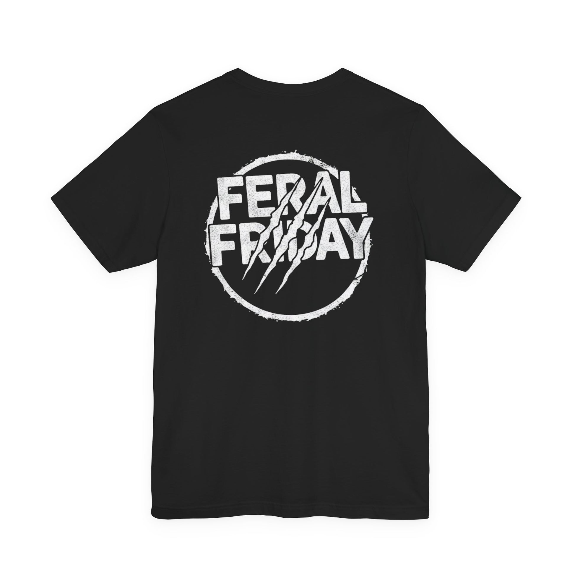 Black t-shirt with 'Feral Friday' logo on a white background