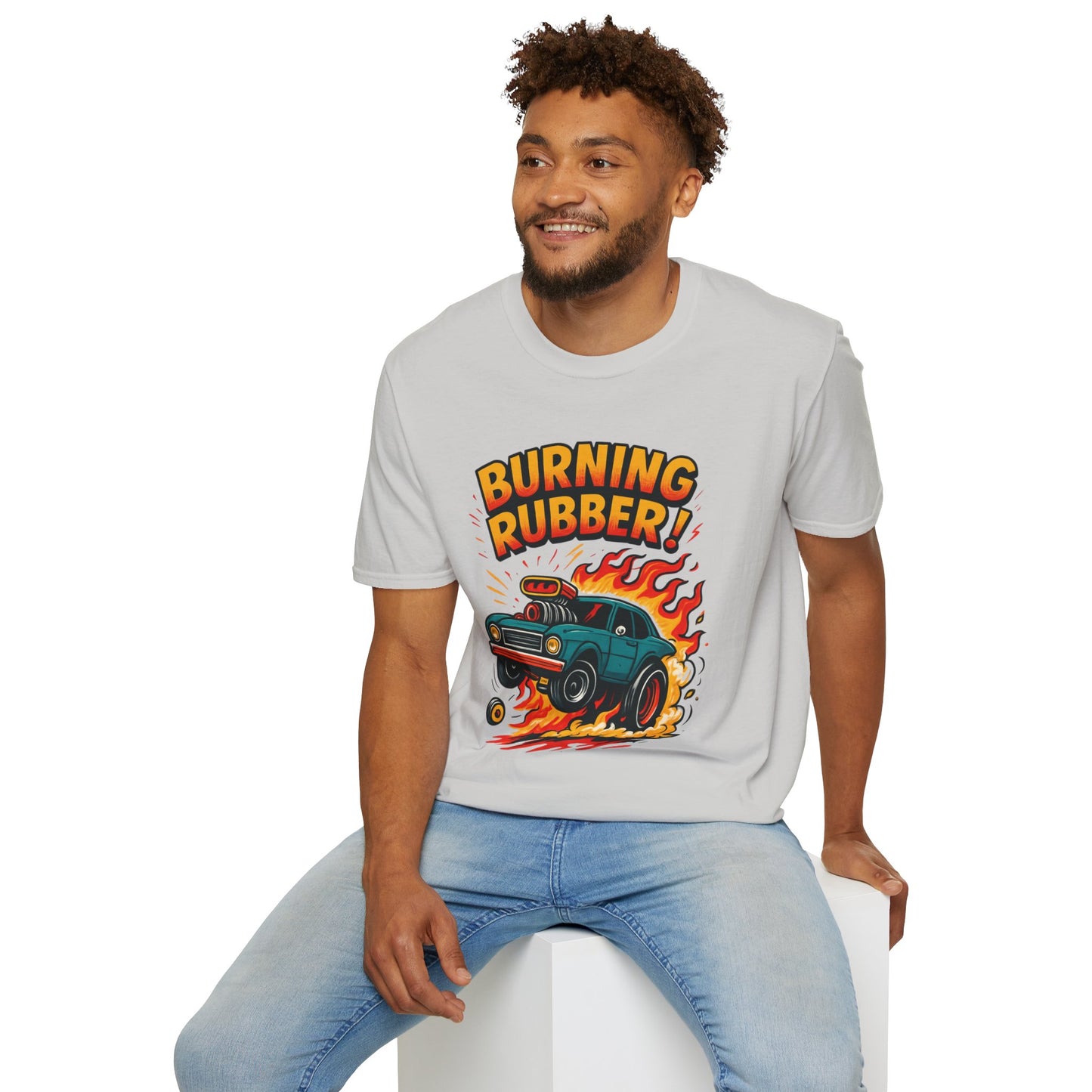 Man wearing a gray t-shirt with 'Burning Rubber!' graphic design on a white background