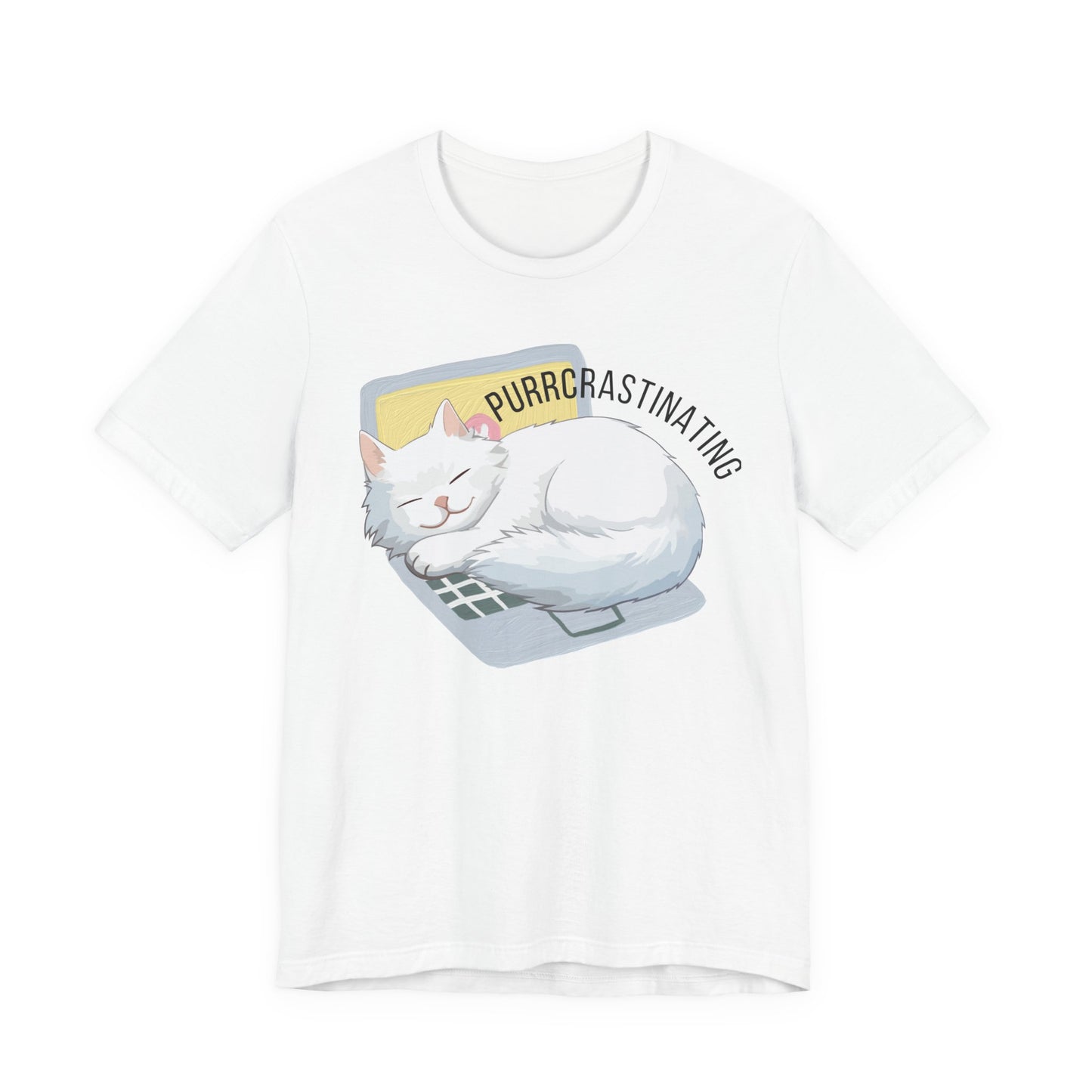 White t-shirt with a cat graphic and 'PURRCRASTINATING' text on a white background
