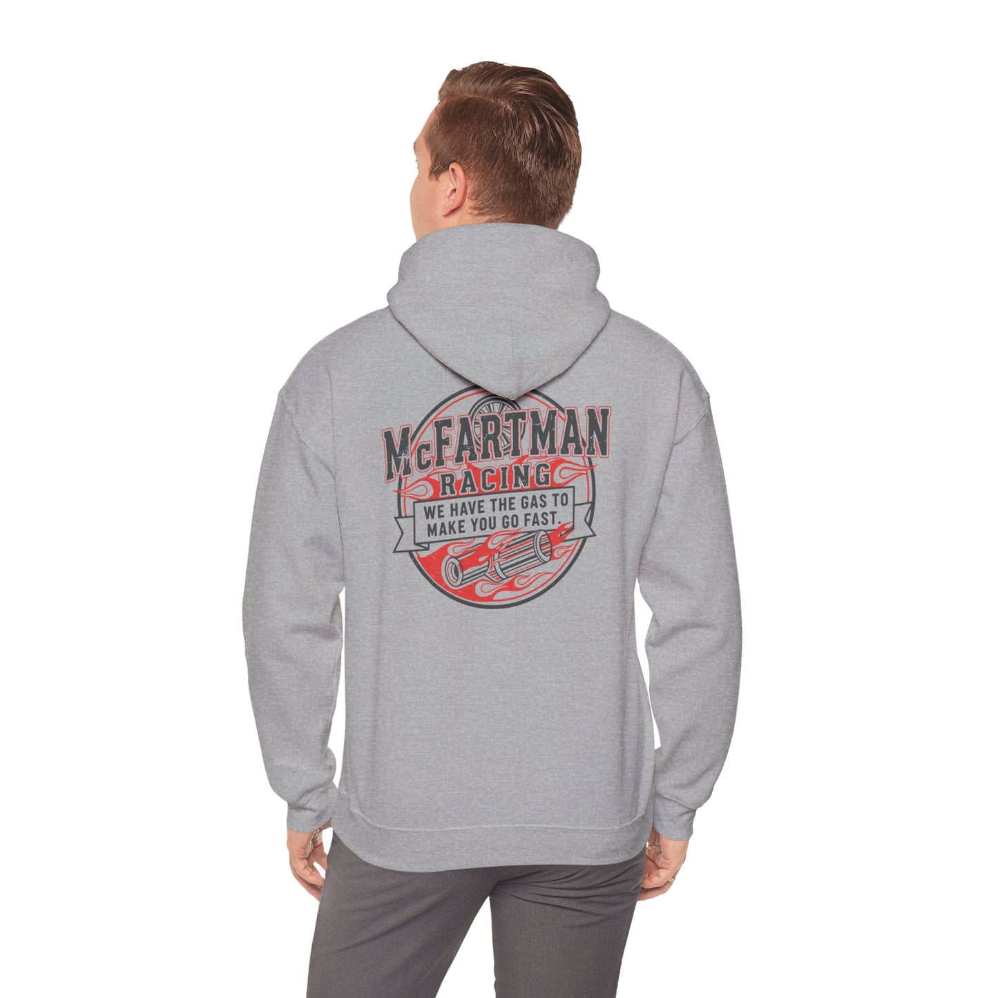 Person wearing a gray hoodie with 'McFarman Racing' design on the back, standing against a white background.