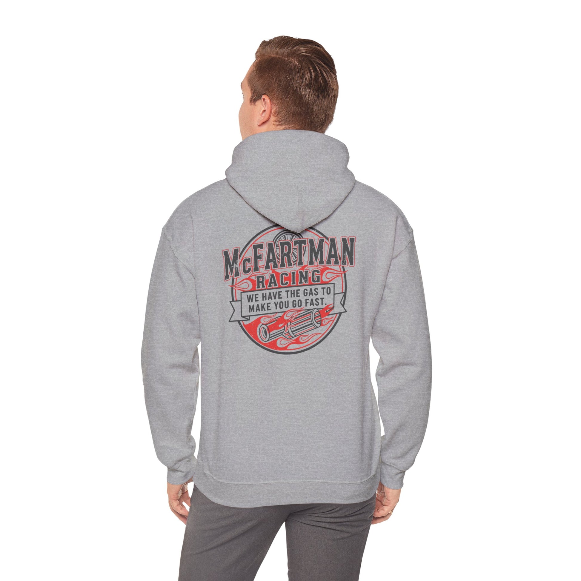 Person wearing a gray hoodie with 'McFarman Racing' design on the back, standing against a white background.