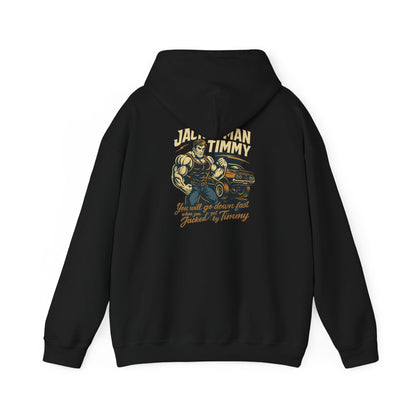 Black hoodie with 'JACKEDMAN TIMMY' graphic design on the back against a white background