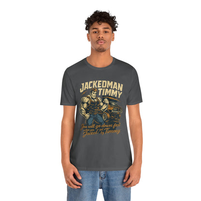 Man wearing a gray t-shirt with 'Jackedman Timmy' graphic design on a white background