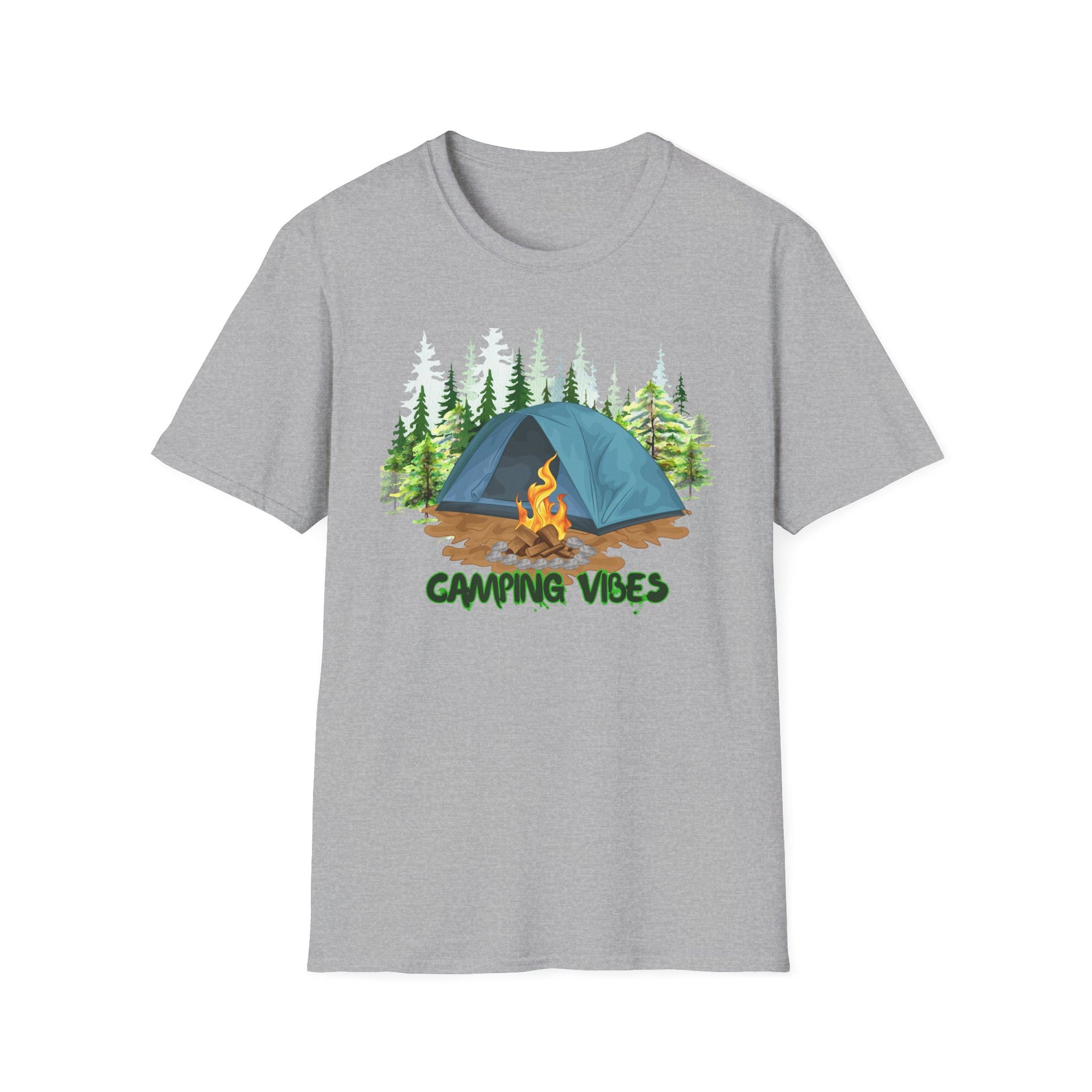 Gray t-shirt with a camping graphic and 'Camping Vibes' text on a white background