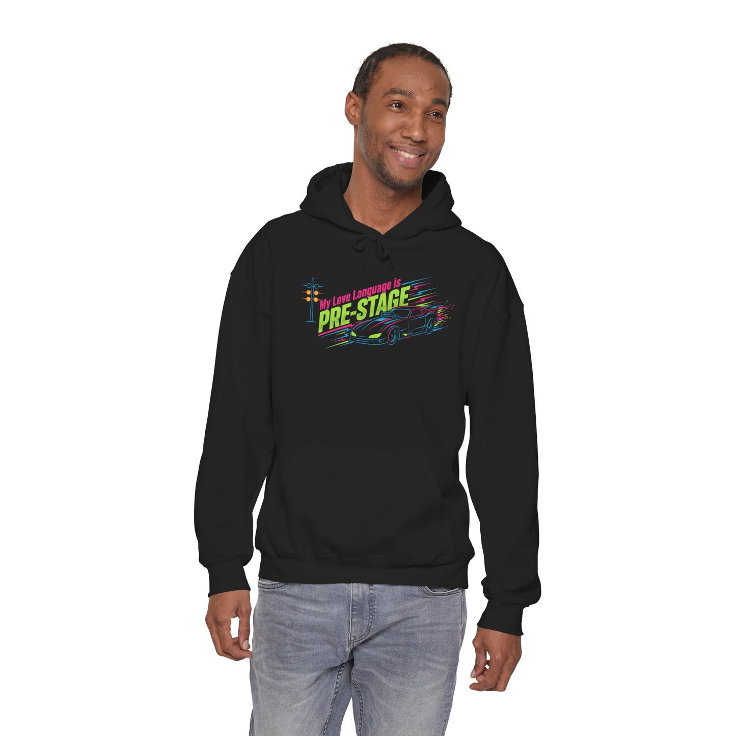 Man wearing a black hoodie with colorful text 'My Love Language is Pre-Stage' design on a white background
