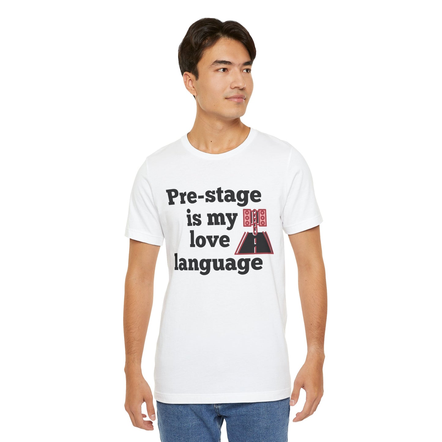 Man wearing a white t-shirt with text 'Snooze button is my love language' and graphics on a white background