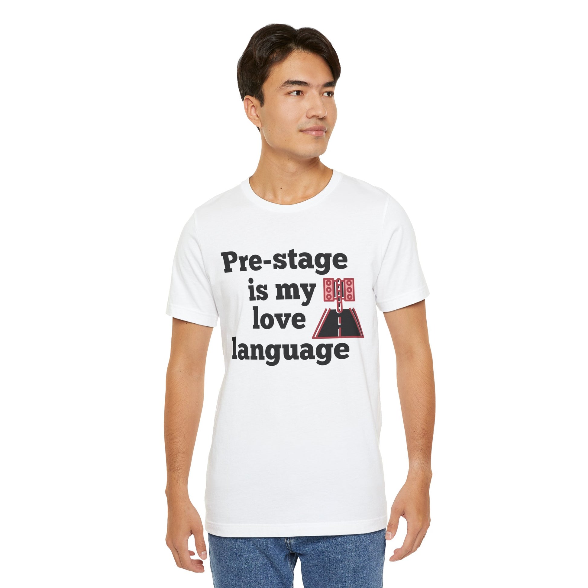 Man wearing a white t-shirt with text 'Snooze button is my love language' and graphics on a white background