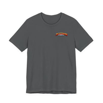 Gray t-shirt with a 'Jackedman Timmy' logo on the chest against a white background