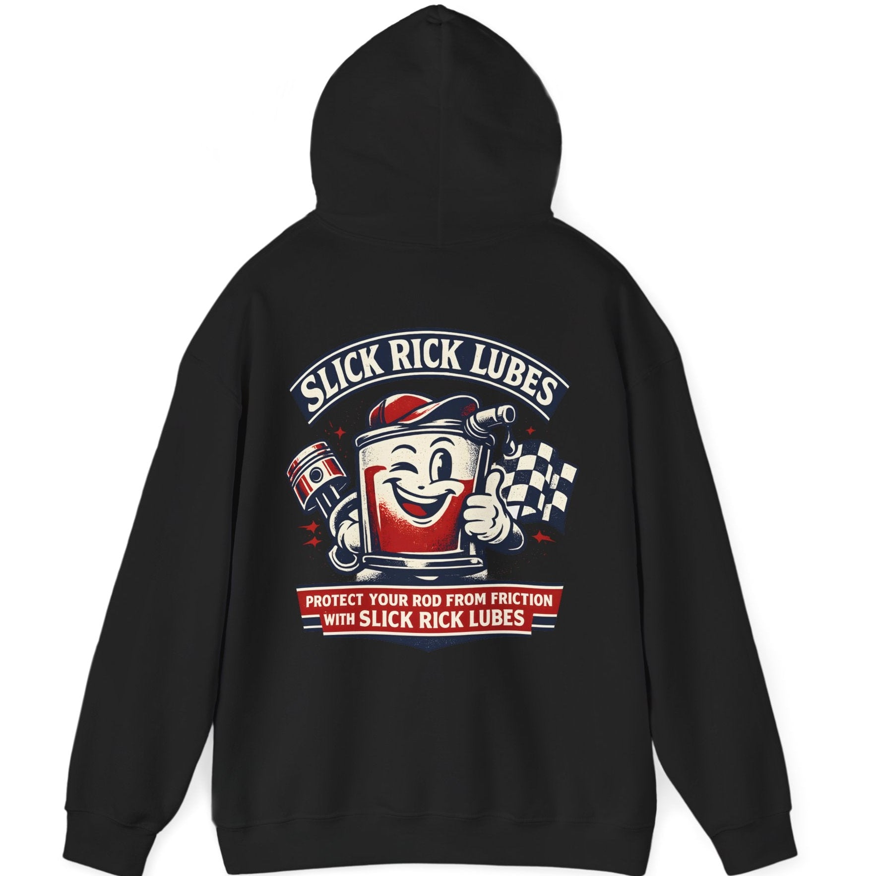 Black hoodie with 'Slick Rick Lubes' graphic on a white background