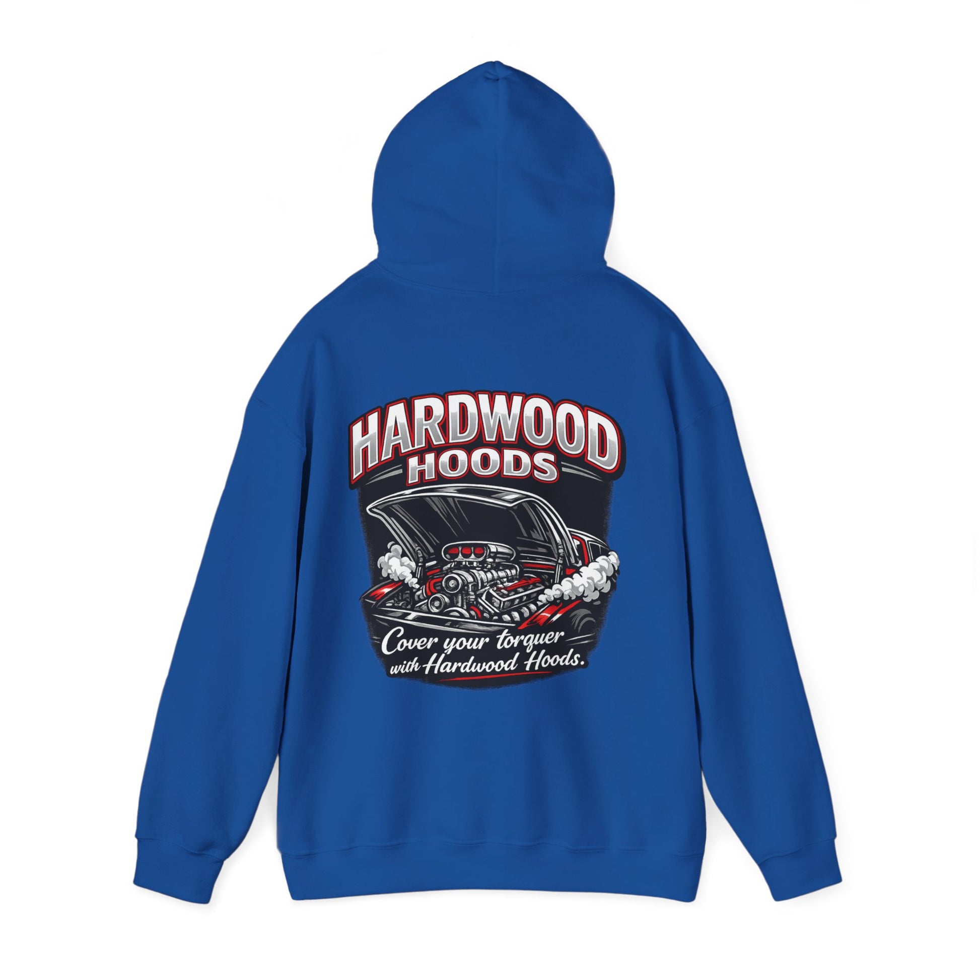 Blue hoodie with 'Hardwood Hoods' graphic on a white background