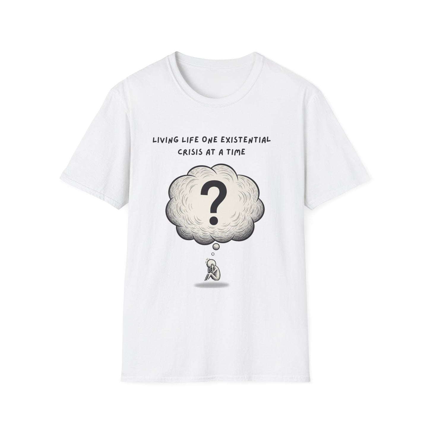 White t-shirt with a graphic design and text 'Living Life One Existential Crisis At A Time' on a white background
