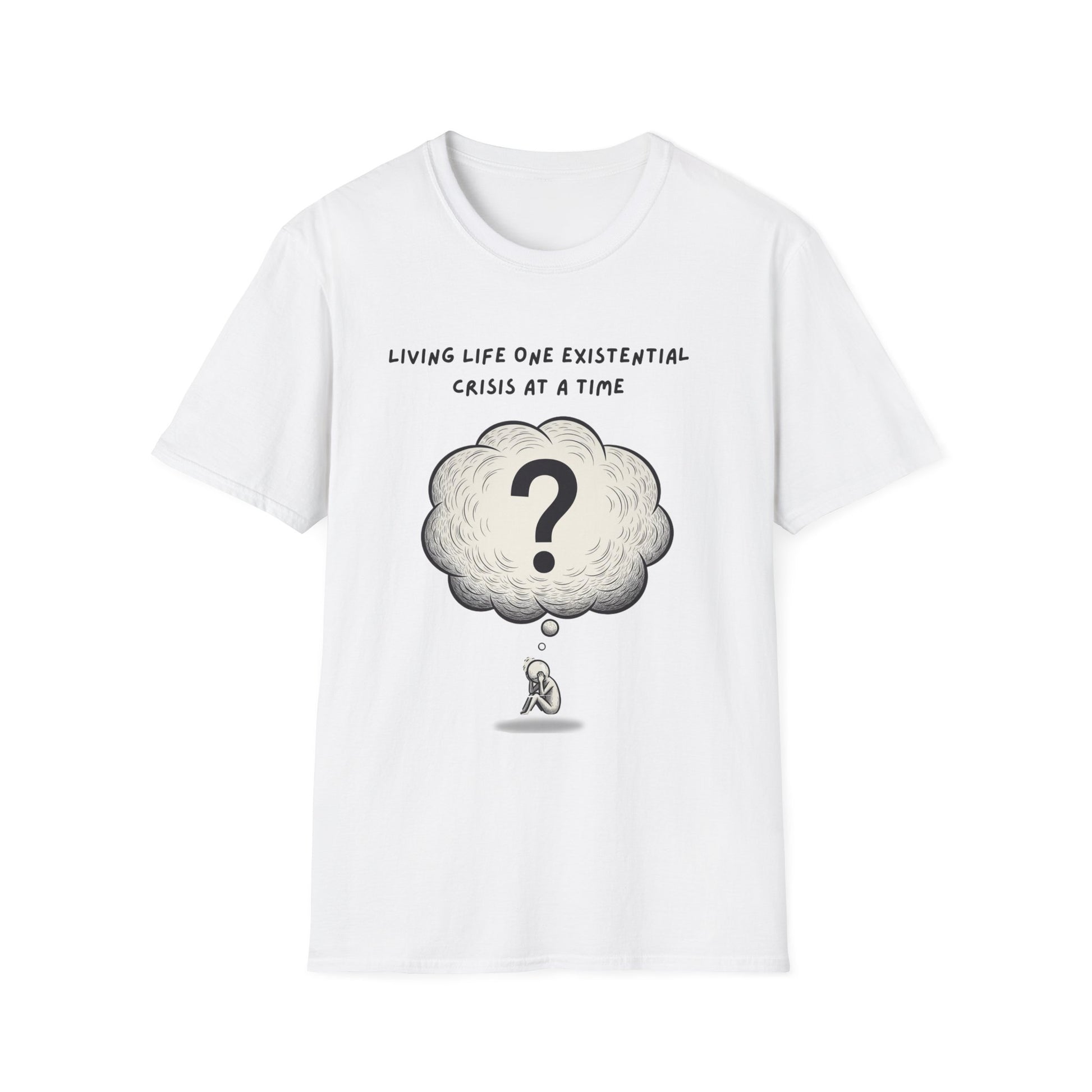 White t-shirt with a graphic design and text 'Living Life One Existential Crisis At A Time' on a white background